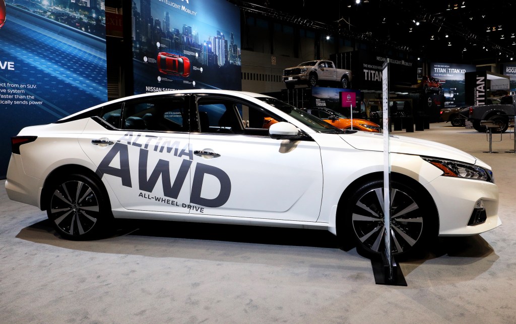 White 2020 Nissan Altima All Wheel Drive is on display at the 112th Annual Chicago Auto Show at McCormick Place