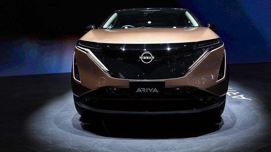 A bronze Nissan Ariya car is on displayed during the 19th Shanghai International Automobile Industry Exhibition