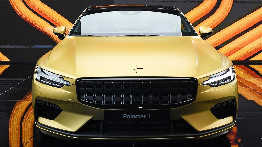 A gold Polestar 1 electric car during the 19th Shanghai International Automobile Industry Exhibition.