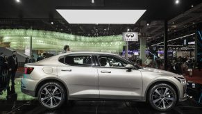 The silver Polestar 2 electric vehicle, manufactured by Polestar AB, jointly owned by Geely Automobile Holdings Ltd. and Volco Car AB, at the Auto Shanghai 2021 show