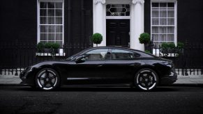 The black Porsche Taycan in Mayfair, London. The Taycan is Porsche's first series production electric car.