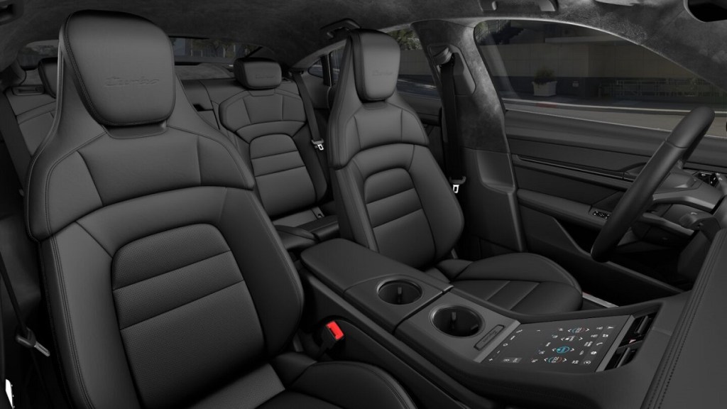 The black interior of a 2021 Porsche Taycan.