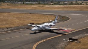 A Cessna Citation jet airplane is viewed at Charles M. Schulz Sonoma County Airport