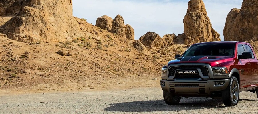 A maroon 2021 Ram 1500 classic in the desert.