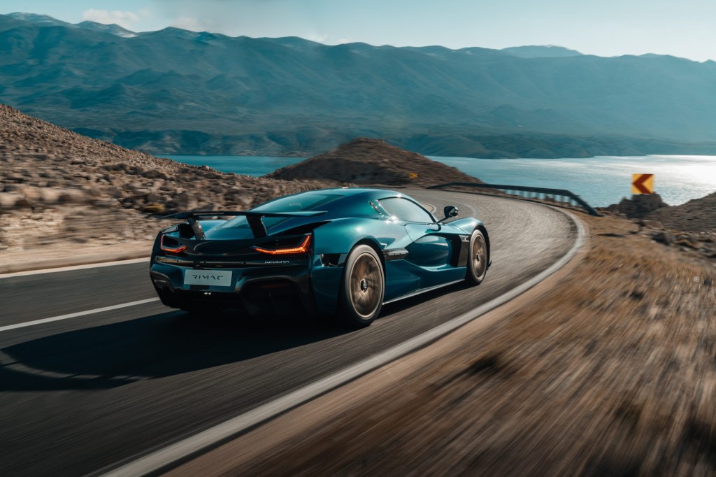 An image of a Rimac Nevera driving outdoors.