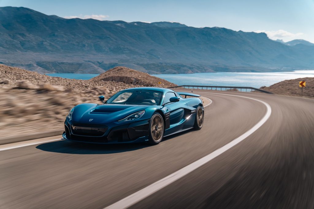 An image of a Rimac Nevera driving outdoors.
