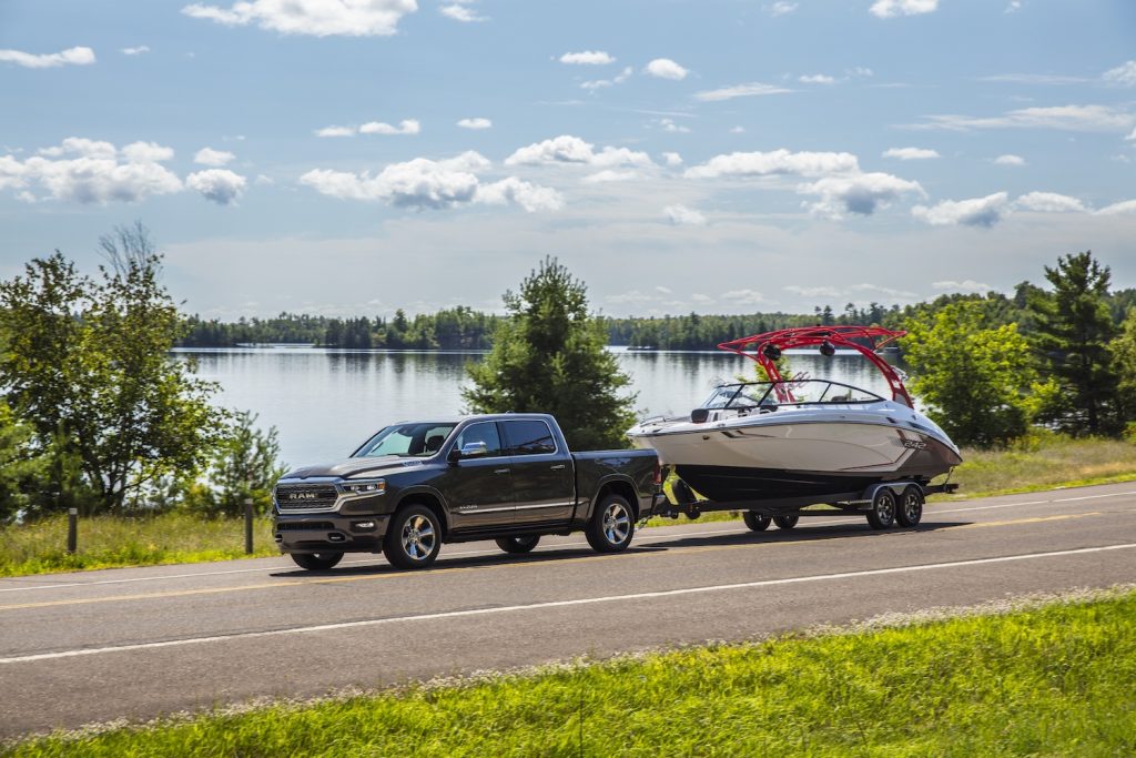 A 2021 Ram 1500 Limited EcoDiesel towing a boat, the Ram 1500 EcoDiesel is one of the most fuel-efficient new diesel pickups
