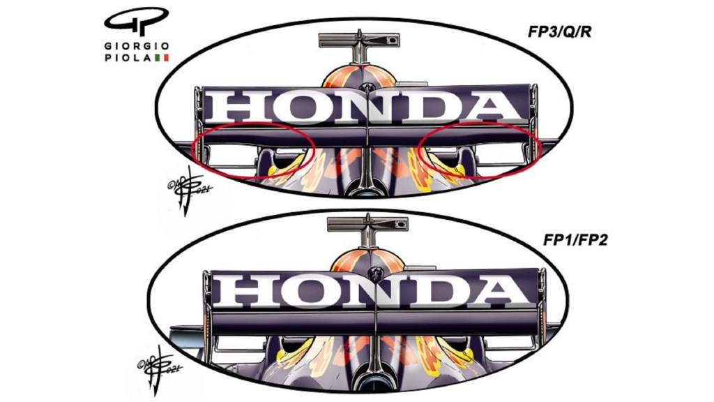 The two rear wing designs used by the Red Bull Honda F1 team during the 2021 Spanish GP