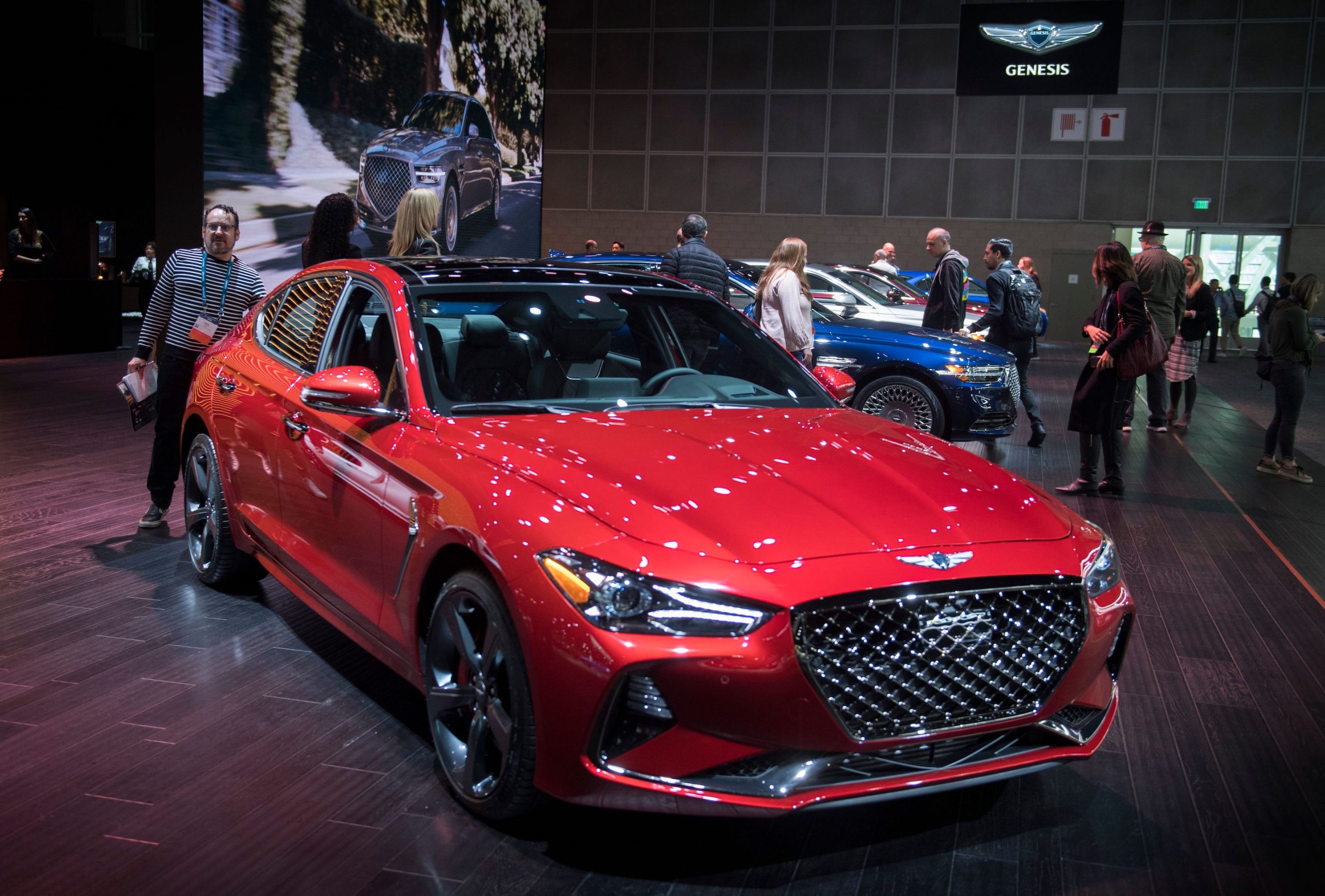 The red Genesis G70 car on display during the AutoMobility LA event, at the 2019 Los Angeles Auto Show