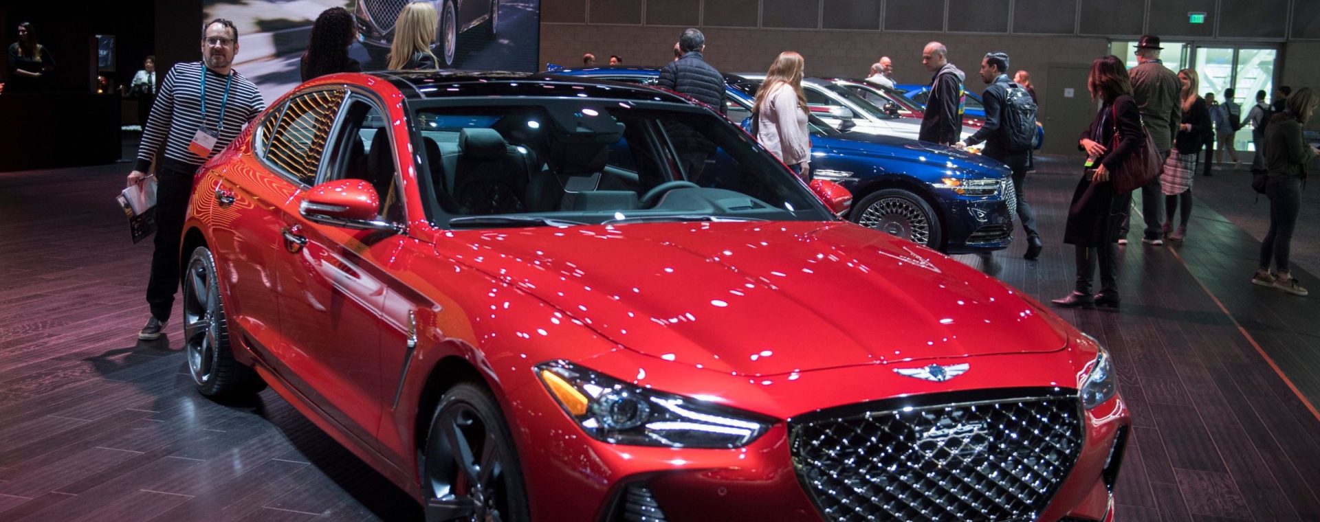 The red Genesis G70 car on display during the AutoMobility LA event, at the 2019 Los Angeles Auto Show