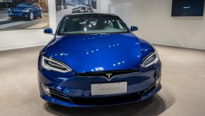 Blue Tesla Model S in the exhibition hall of the newly opened Tesla experience center. Shanghai, China