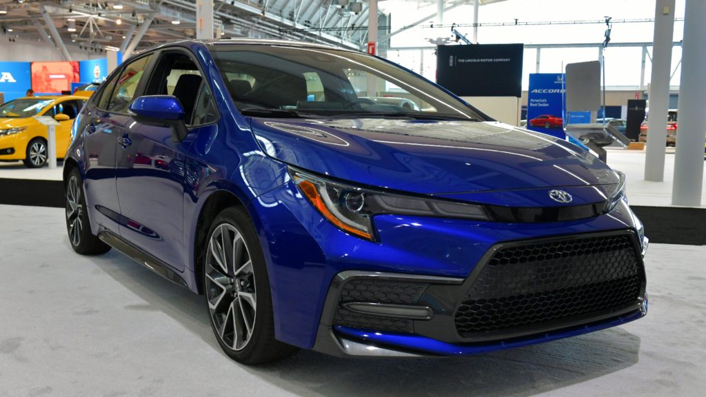 A blue Toyota Corolla at the 2019 New England International Auto Show Press Preview at Boston Convention & Exhibition Center on January 17, 2019 in Boston, Massachusetts.