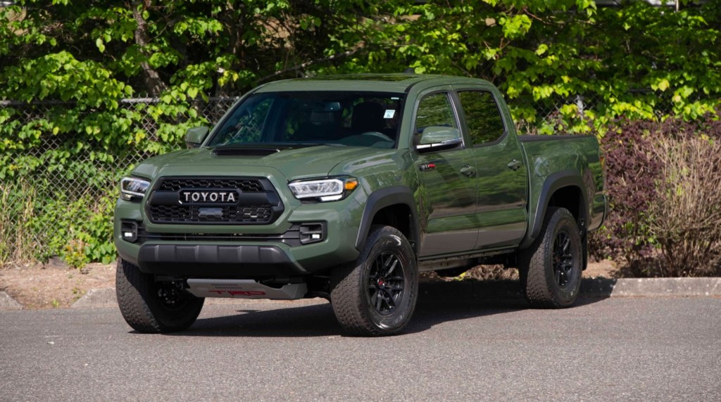 A green 2020 Toyota Tacoma TRD Pro, in a parking lot