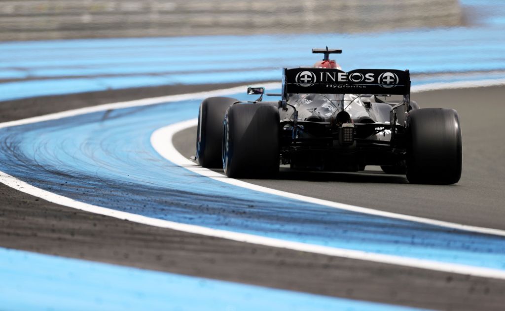 The rear view of Lewis Hamilton's Mercedes F1 car and its rear wing at 2021 French Grand Prix testing