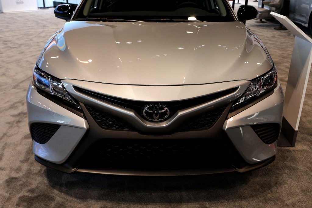 Silver 2020 Toyota Camry Hybrid is on display at the 112th Annual Chicago Auto Show at McCormick Place