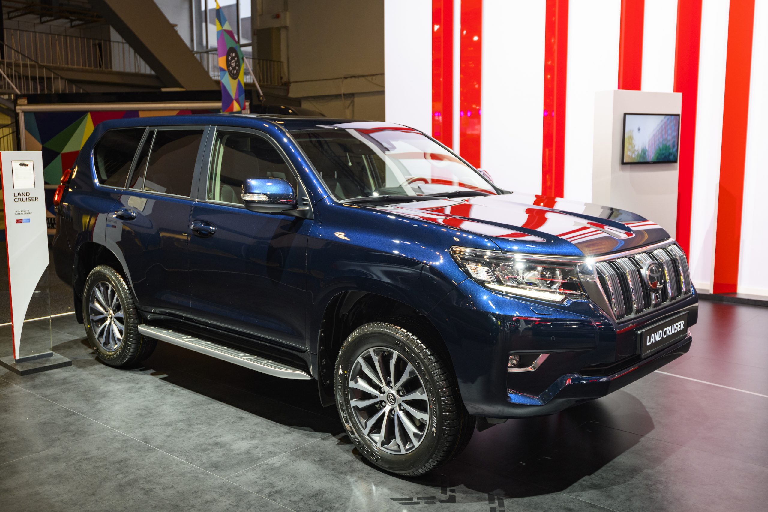 Blue Toyota Land Cruiser off road SUV on display at Brussels Expo