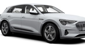 A silver Audi e-tron against a white background. The U.K. e-tron uses camera based mirrors.