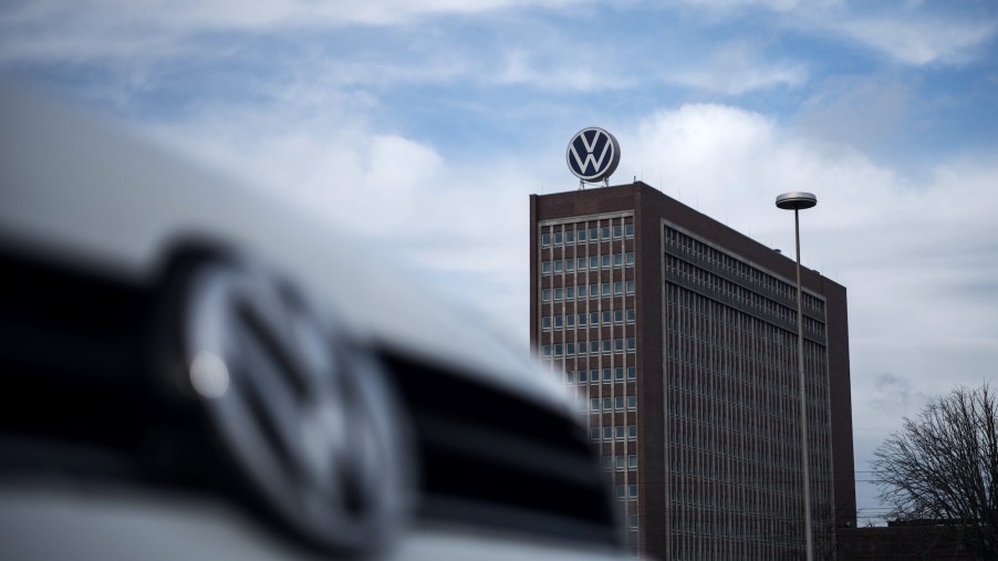 A VW logo on top of offices at the Volkswagen AG headquarters in Wolfsburg, Germany, in February 2021