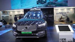 A view of a black Volvo Zenseact autonomous driving XC90 T8 SUV at the third China International Import Expo (CIIE)