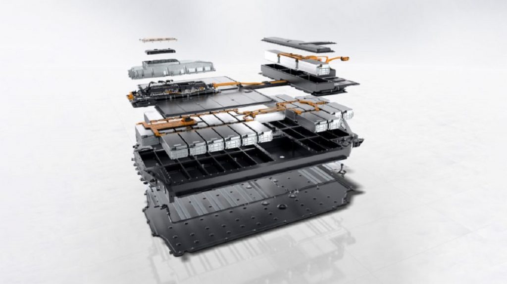 The battery of a Porsche Taycan Turbo, spread out to see the layers.