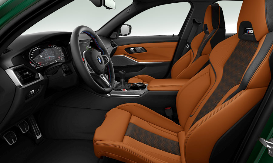 The Kyalami Orange interior of the M3 with manual transmission