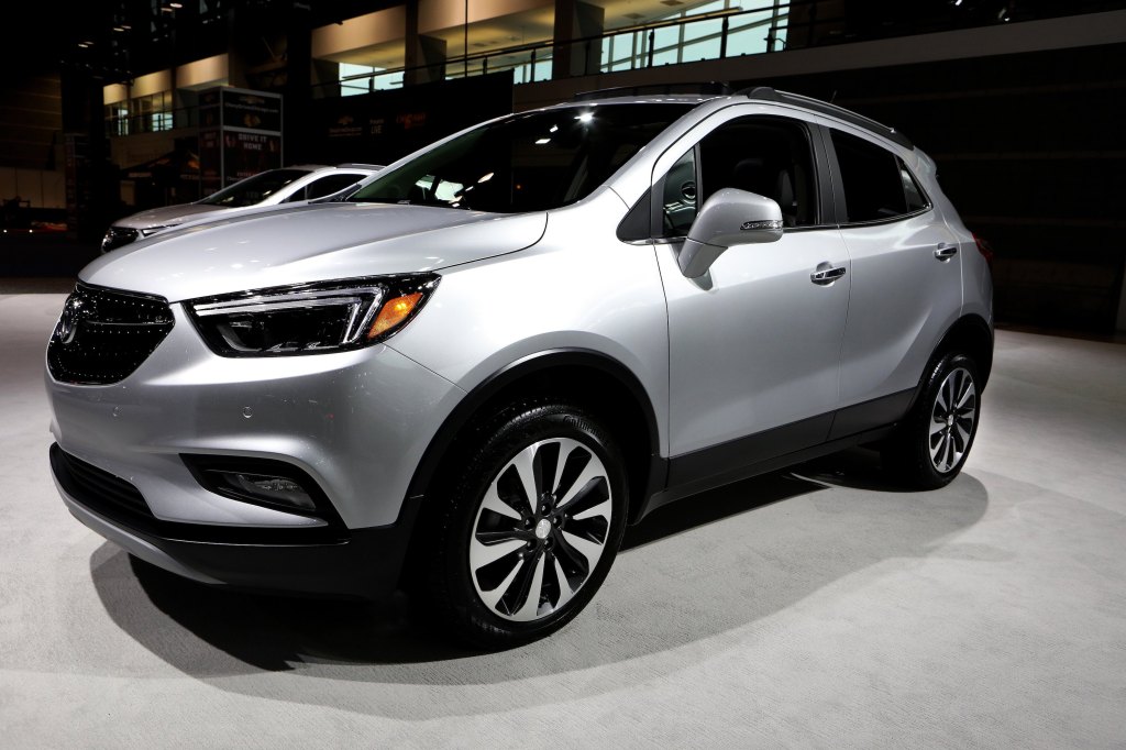 A silver Buick Encore SUV on display