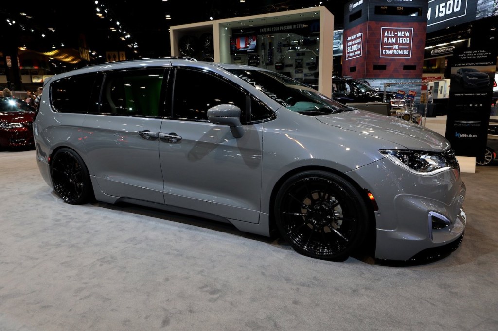 A dark gray Chrysler Pacifica hybrid on display