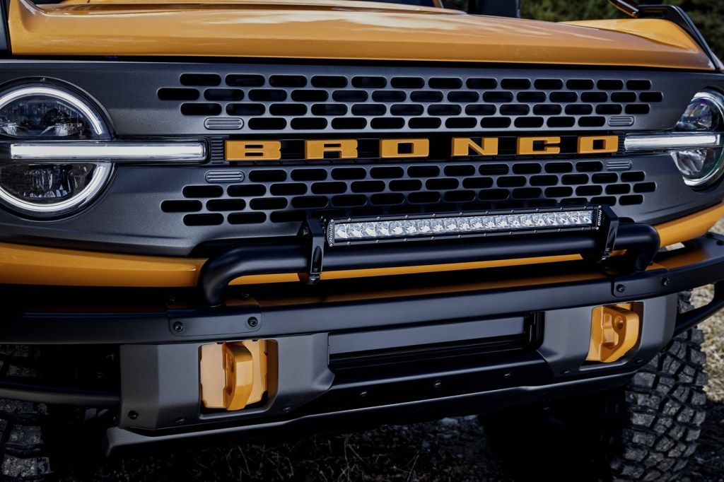 The grille of the Bronco, with the word written across the fron