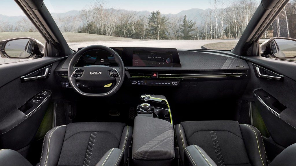 The interior of the Kia EV6 with a large infotainment screen