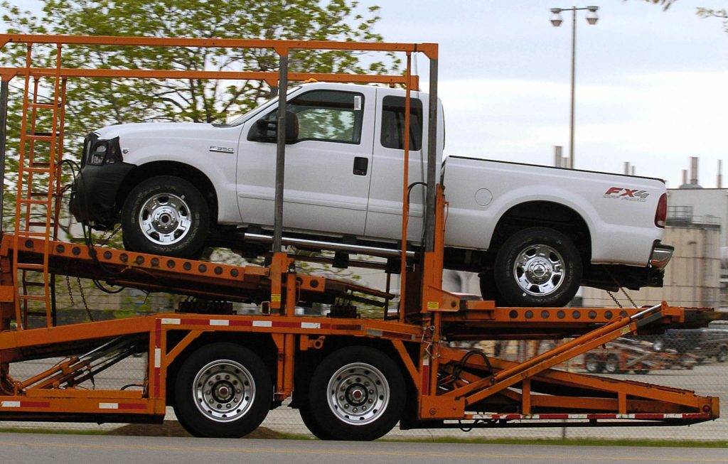 A white Ford F-350 pickup truck on the the way out of the Kentucky plant