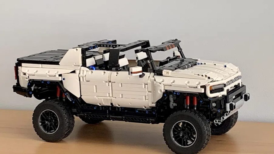 A white Lego model of a Hummer EV