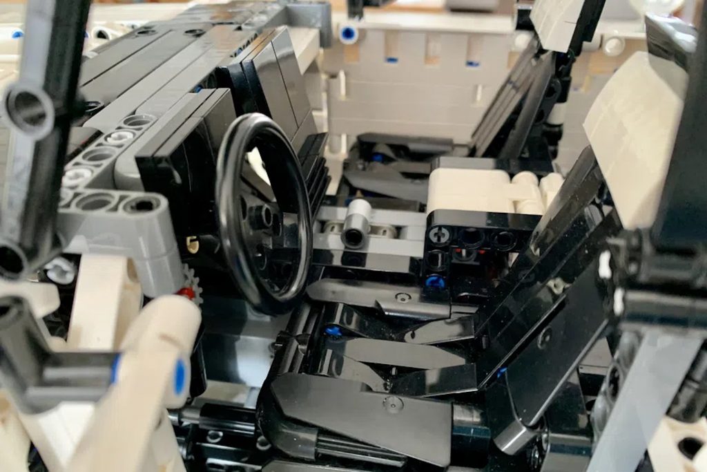 An interior close up of the interior of a Hummer EV model built with Lego