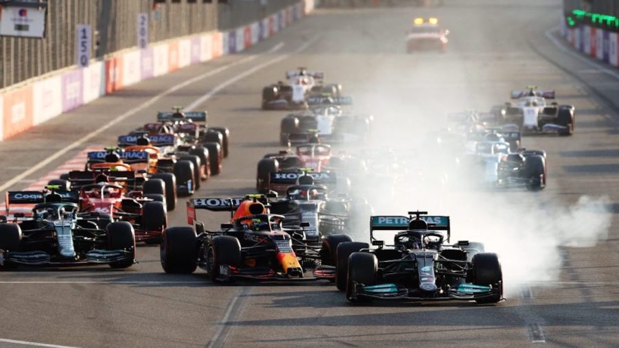Lewis Hamilton Azerbajain Grand Prix locking up his front brakes by hitting the magic button