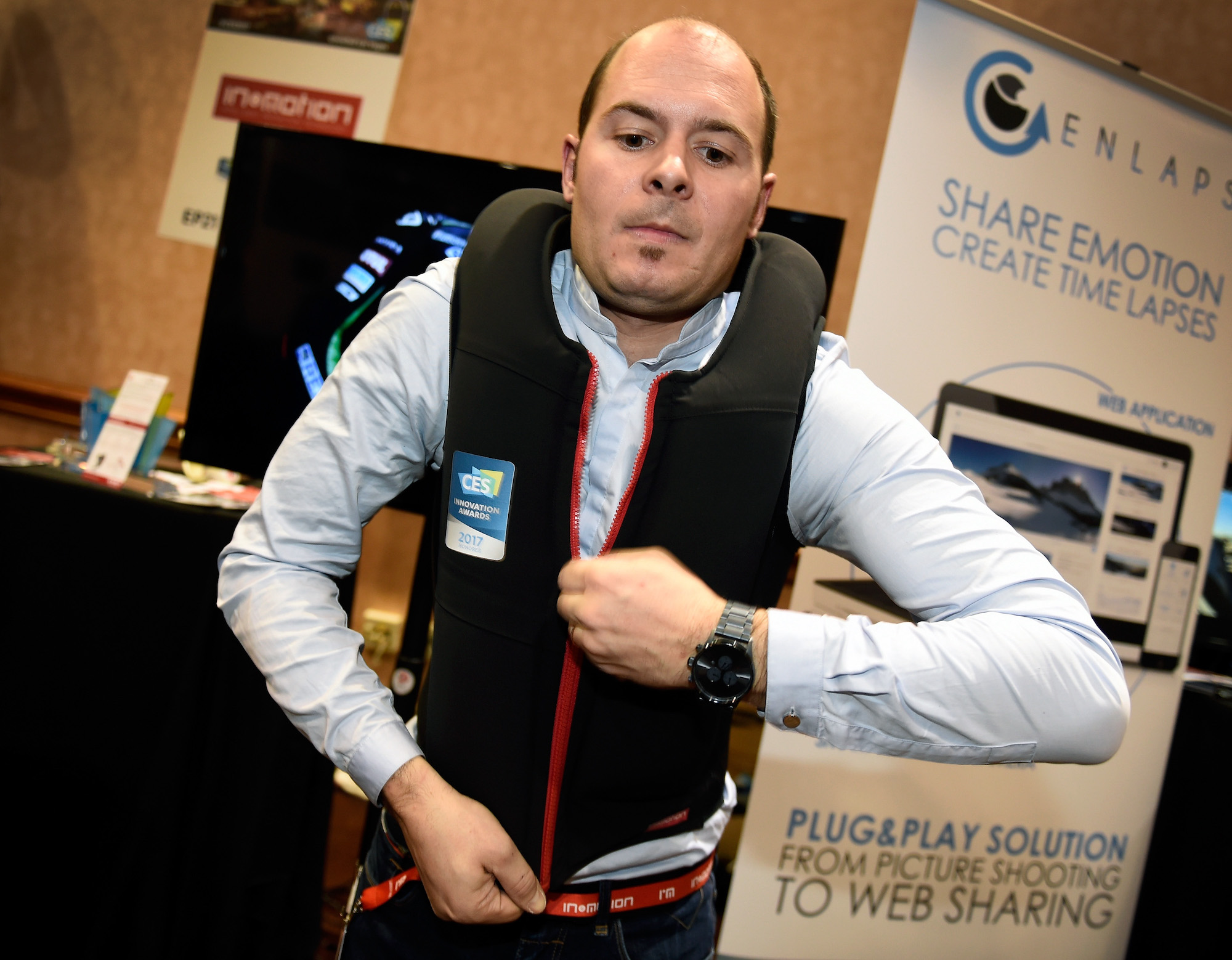 Pierre-François Tissot wears an In&motion smart motorcycle airbag vest during a press event for CES 2017 in Las Vegas, Nevada