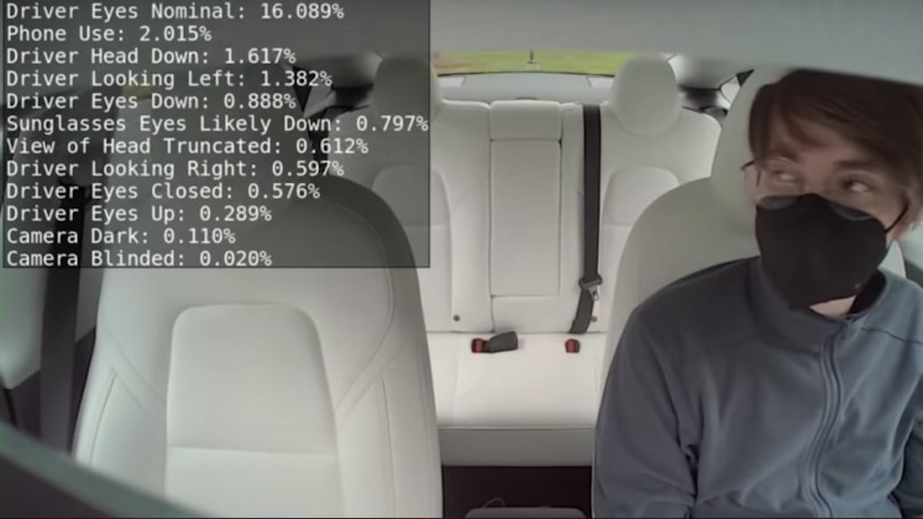 screenshot of Tesla Autopilot using camera to watch drivers for added security for autopilot. 