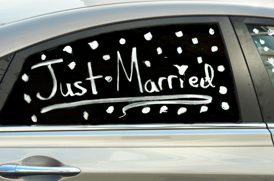 'Just Married' written on the back window of a newlywed couple's wedding car parked in Nashville, Tennessee