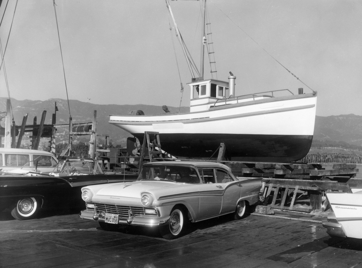 1957 ford fairlane skyliner at docks