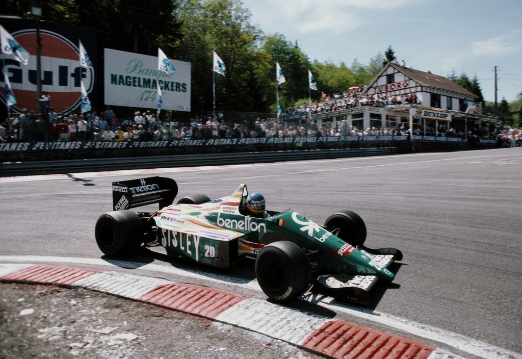 Gerhard Berger drives a BMW M12 turbo Formula 1 car in the 1986 Belgian Grand Prix