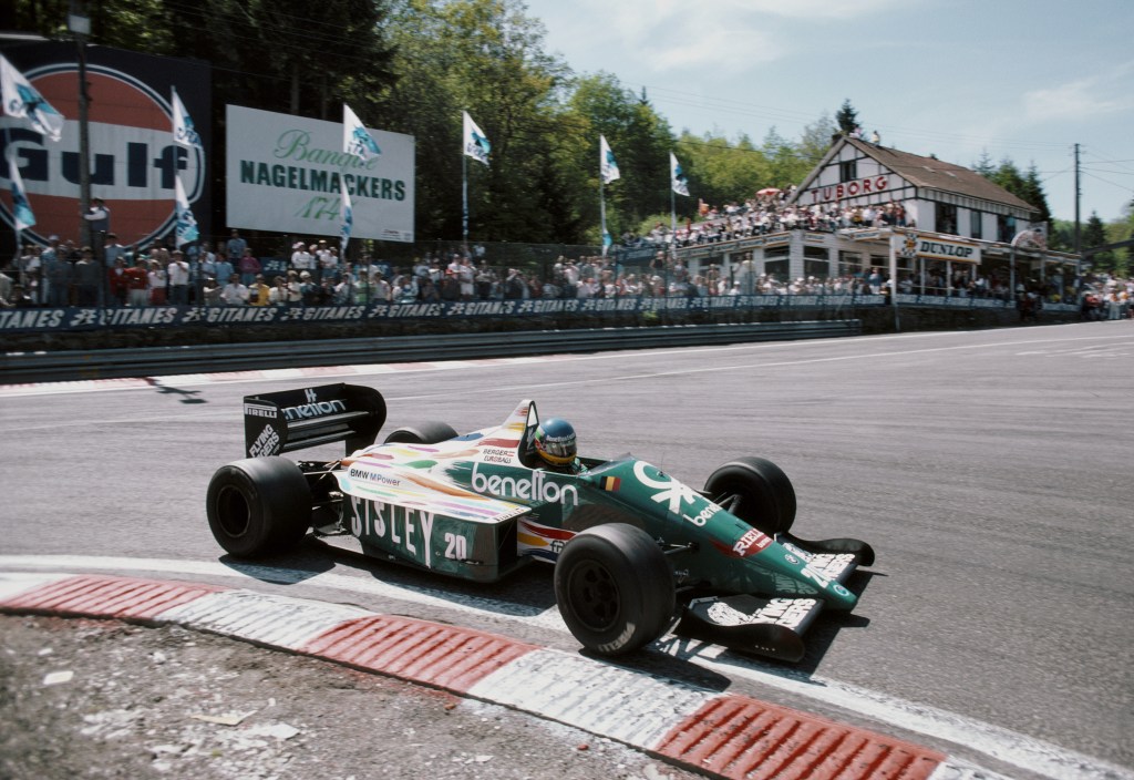 Gerhard Berger drives a BMW M12 turbo Formula 1 car in the 1986 Belgian Grand Prix