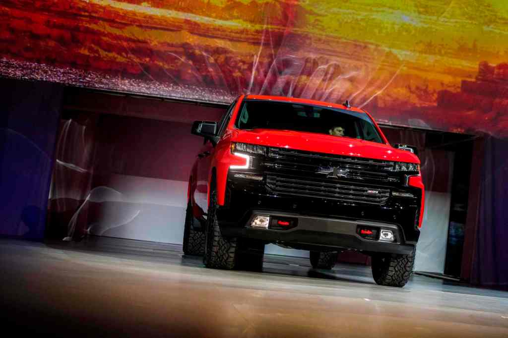 A raed 2019 Chevrolet Silverado onstage at the 2018 North American International Auto Show in Detroit in January 2018