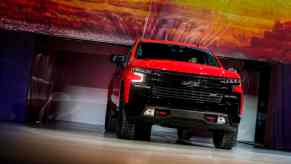 A raed 2019 Chevrolet Silverado onstage at the 2018 North American International Auto Show in Detroit in January 2018