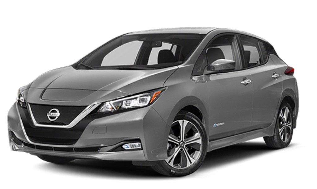 A gray 2019 Nissan Leaf against a white background.
