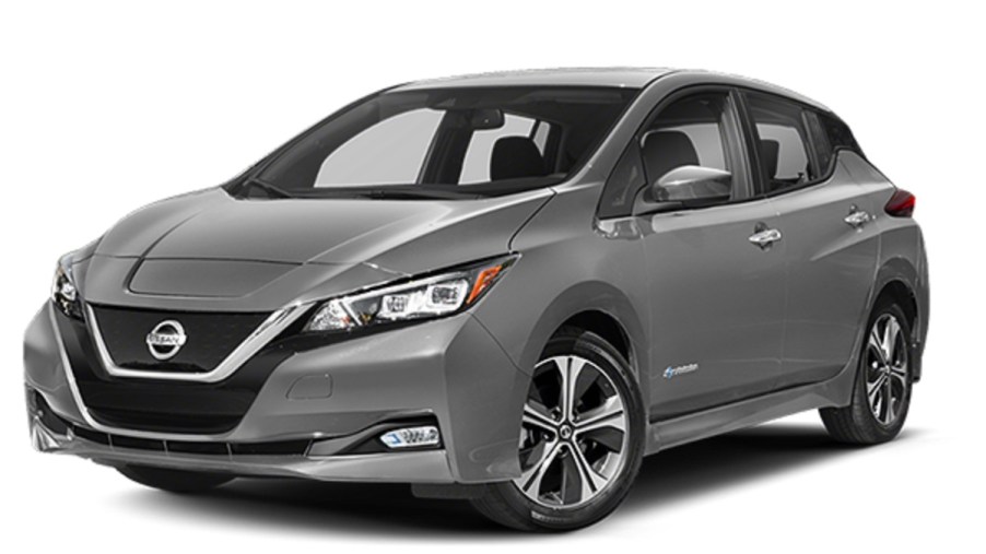 A gray 2019 Nissan Leaf against a white background.