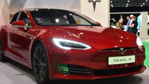 A red Tesla Model S on display at the London Motor & Tech Show at ExCel on May 16, 2019, in London, England