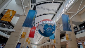 The main entrance hall of the 2020 Chicago Auto Show with banners