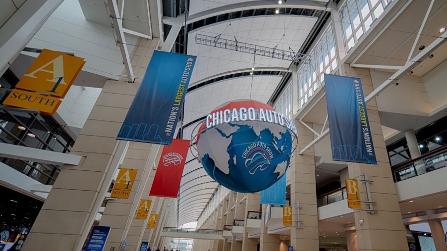 The main entrance hall of the 2020 Chicago Auto Show with banners
