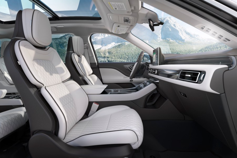 The white and gray leather interior of a 2020 Lincoln Aviator Black Label Chalet edition