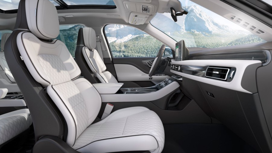 The white and gray leather interior of a 2020 Lincoln Aviator Black Label Chalet edition