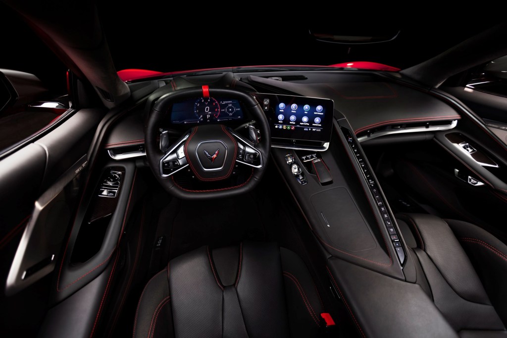 The red-stitched black-leather interior of a 2021 Chevrolet Corvette Stingray