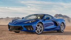 A blue 2021 Chevrolet Corvette Stingray in the desert